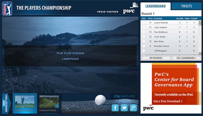 Novo player de vídeo do site do PGA Tour, com dois canais de golfe ao vivo, o dia todo, até domingo
