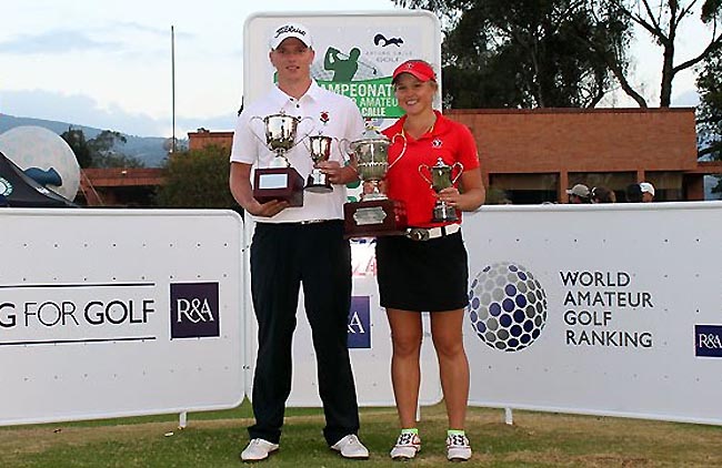 O inglês Callum Shinkwin e a canadense Brooke Henderson, de 15 anos: vitória no golfe em Bogotá