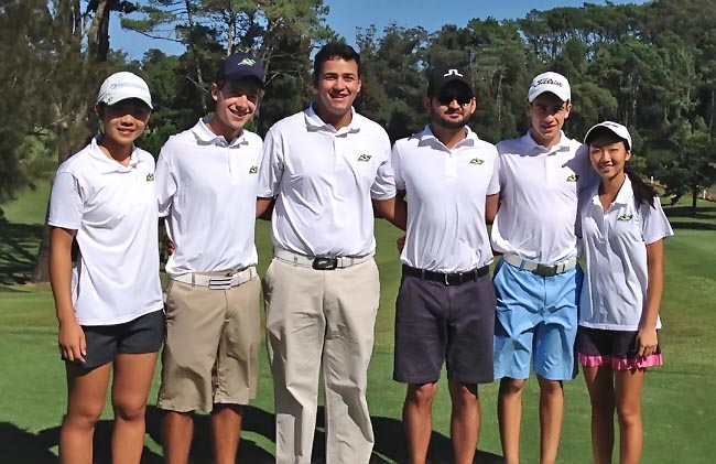 Equipe do Brasil (sem a Luiza Altmann na foto), com o técnico Luis MIyamura: desafio no golfe até 18 anos