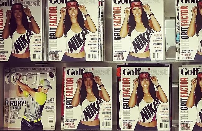 As capas de revistas de golfe no quiosque do aeroporto, rearranjadas por Michelle Wie