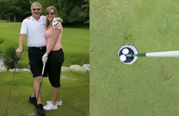 Tany e Janet, com as duas bolas dentro do buraco: aces seguidos são algo raríssimo no golfe