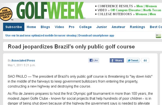   Reportagem publicada na GolfWeek, uma das mais lidas do mundo: governo do Rio na contra-mão