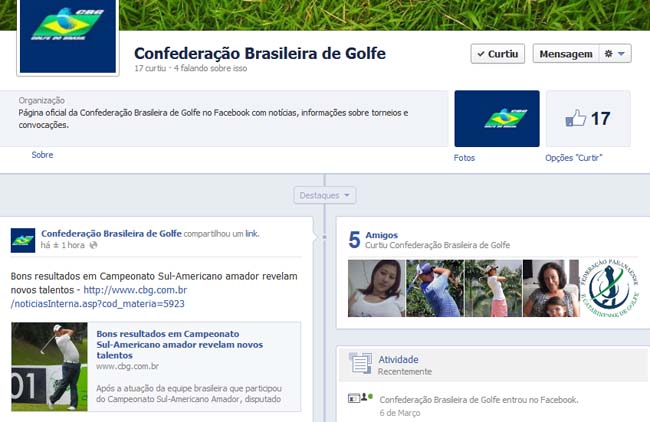   Página da CBG no Facebook: entidade criou tambpem página no Twitter