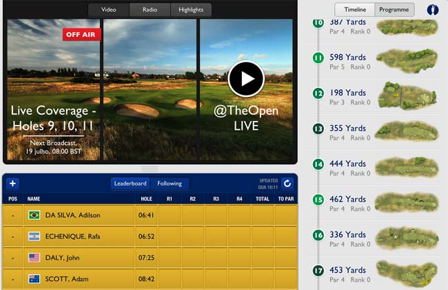 Aplicativo para iPad, do The Open; vídeo ao vivo de três buracos, mostrando todos os golfistas em campo