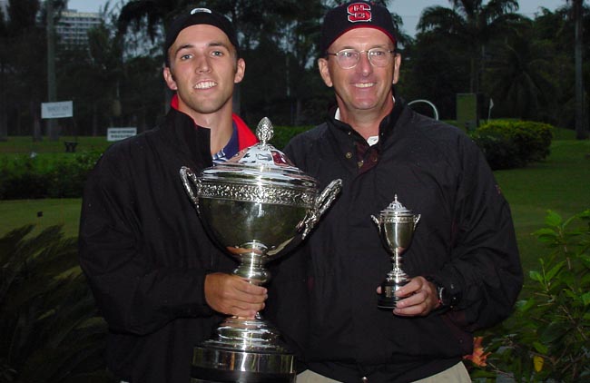 Mechereffe com o pai, em 2002, no Gávea, ao conquistar o bi-campeonato do Amador de Golfe do Brasil