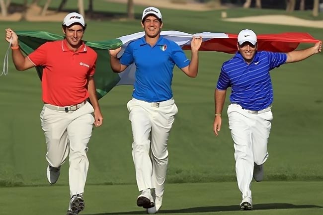 Irmãos Molinari com Manassero: emoção à flor da pelo no maior torneio de golfe da Itália